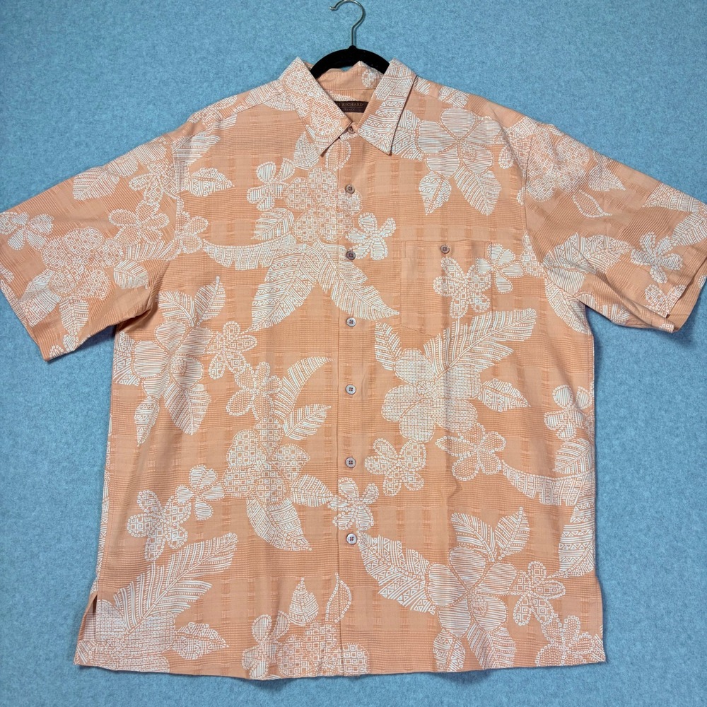 Tori Richard Mens XL Orange Silk Cotton Tropical Floral Aloha Button Down Shirt